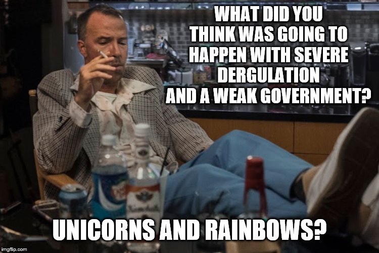 WHAT DID YOU THINK WAS GOING TO HAPPEN WITH SEVERE DERGULATION AND A WEAK GOVERNMENT? UNICORNS AND RAINBOWS? | made w/ Imgflip meme maker