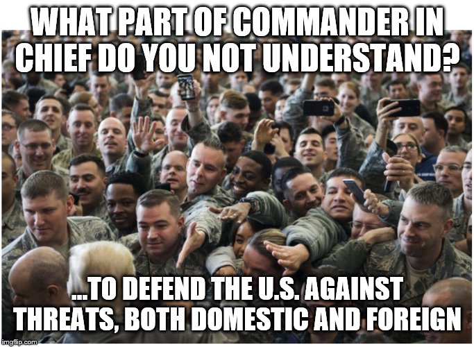 Domestic is key word here of late | WHAT PART OF COMMANDER IN CHIEF DO YOU NOT UNDERSTAND? ...TO DEFEND THE U.S. AGAINST THREATS, BOTH DOMESTIC AND FOREIGN | image tagged in military loves trump,memes,politics | made w/ Imgflip meme maker