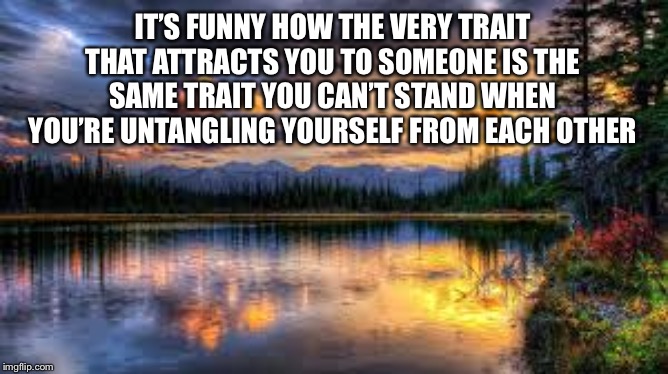 Landscape  | IT’S FUNNY HOW THE VERY TRAIT THAT ATTRACTS YOU TO SOMEONE IS THE SAME TRAIT YOU CAN’T STAND WHEN YOU’RE UNTANGLING YOURSELF FROM EACH OTHER | image tagged in landscape | made w/ Imgflip meme maker