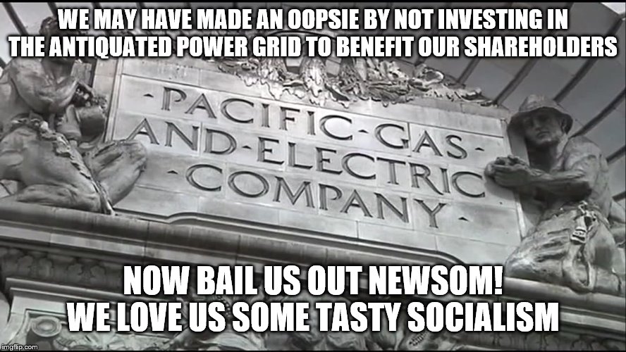 WE MAY HAVE MADE AN OOPSIE BY NOT INVESTING IN THE ANTIQUATED POWER GRID TO BENEFIT OUR SHAREHOLDERS NOW BAIL US OUT NEWSOM! WE LOVE US SOME | made w/ Imgflip meme maker