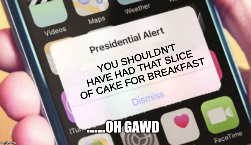 Presidential Alert | YOU SHOULDN'T HAVE HAD THAT SLICE OF CAKE FOR BREAKFAST; .......OH GAWD | image tagged in memes,presidential alert | made w/ Imgflip meme maker