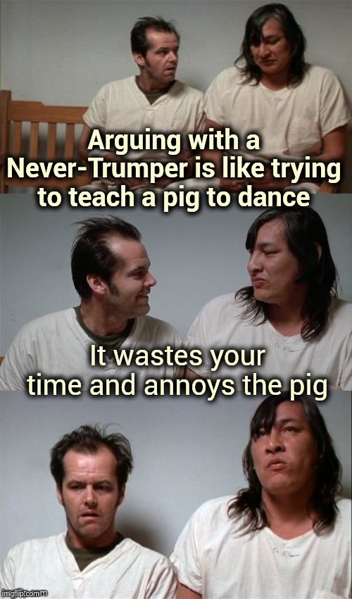 Nobody got time for that | Arguing with a Never-Trumper is like trying to teach a pig to dance; It wastes your time and annoys the pig | image tagged in bad joke jack 3 panel,aint nobody got time for that,nevertrump,no facts,just hate | made w/ Imgflip meme maker