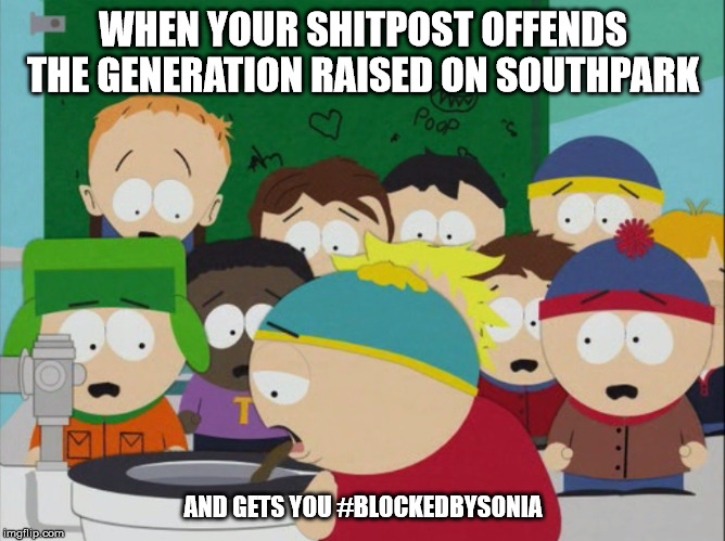 Shitpost | WHEN YOUR SHITPOST OFFENDS THE GENERATION RAISED ON SOUTHPARK; AND GETS YOU #BLOCKEDBYSONIA | image tagged in shitpost | made w/ Imgflip meme maker