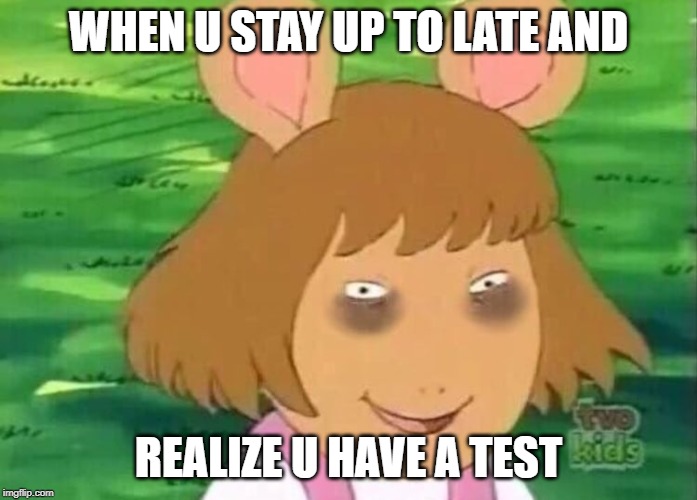 DW tired | WHEN U STAY UP TO LATE AND; REALIZE U HAVE A TEST | image tagged in dw tired | made w/ Imgflip meme maker