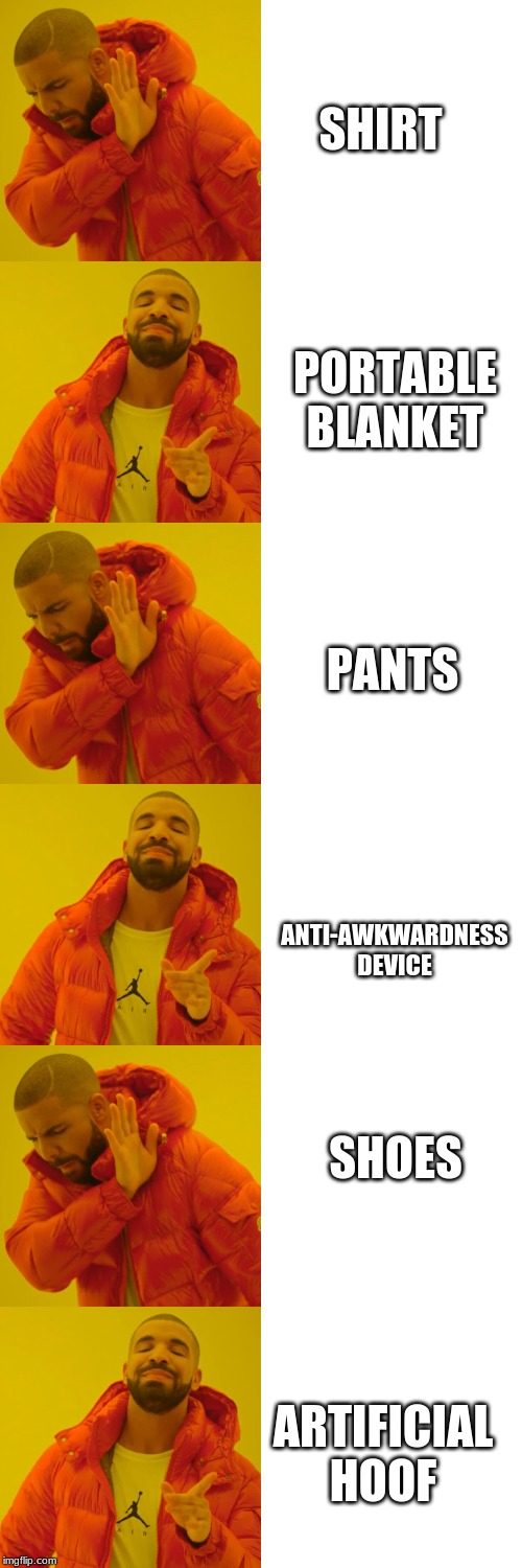 renaming everyday items to fit their purpose. does anyone else have any other ideas? | PORTABLE BLANKET; SHIRT; PANTS; ANTI-AWKWARDNESS DEVICE; SHOES; ARTIFICIAL HOOF | image tagged in memes,drake hotline bling,SubSimGPT2Interactive | made w/ Imgflip meme maker