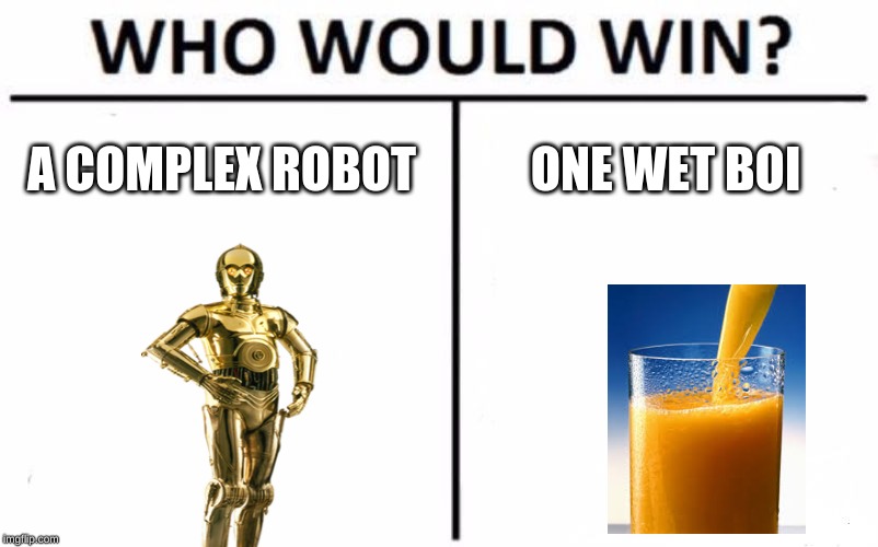Who Would Win? Meme |  A COMPLEX ROBOT; ONE WET BOI | image tagged in memes,who would win | made w/ Imgflip meme maker