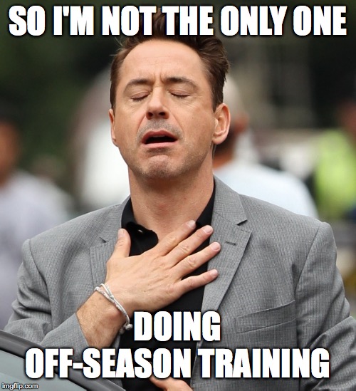 relieved rdj | SO I'M NOT THE ONLY ONE DOING OFF-SEASON TRAINING | image tagged in relieved rdj | made w/ Imgflip meme maker