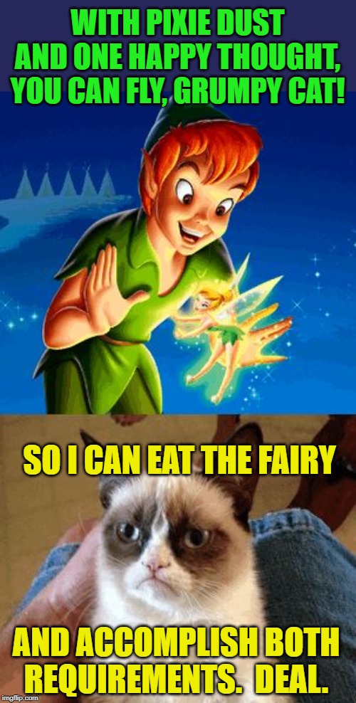 She can fly! She can fly! She can fly! | WITH PIXIE DUST AND ONE HAPPY THOUGHT, YOU CAN FLY, GRUMPY CAT! AND ACCOMPLISH BOTH REQUIREMENTS.  DEAL. SO I CAN EAT THE FAIRY | image tagged in memes,grumpy cat does not believe,grumpy cat,peter pan,tinkerbell,funny | made w/ Imgflip meme maker