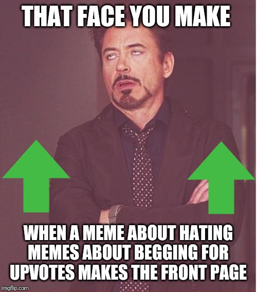 Face You Make Robert Downey Jr | THAT FACE YOU MAKE; WHEN A MEME ABOUT HATING MEMES ABOUT BEGGING FOR UPVOTES MAKES THE FRONT PAGE | image tagged in memes,face you make robert downey jr | made w/ Imgflip meme maker