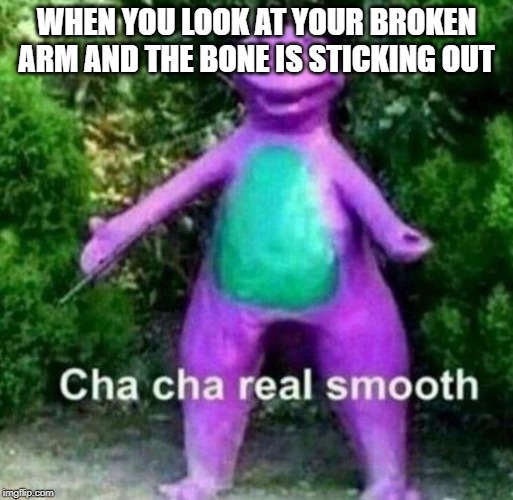 cha cha real smooth | WHEN YOU LOOK AT YOUR BROKEN ARM AND THE BONE IS STICKING OUT | image tagged in cha cha real smooth | made w/ Imgflip meme maker