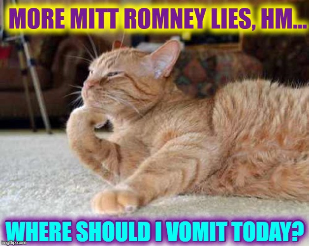 Mitt Romney's Face Makes Me Wanna Puke | MORE MITT ROMNEY LIES, HM... WHERE SHOULD I VOMIT TODAY? | image tagged in vince vance,mitt romney,rino,cats,vomit,throwing up | made w/ Imgflip meme maker