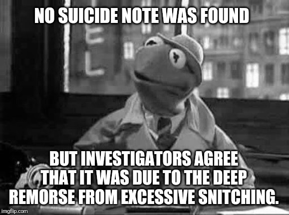 Kermit the Frog detective in b&w | NO SUICIDE NOTE WAS FOUND BUT INVESTIGATORS AGREE THAT IT WAS DUE TO THE DEEP REMORSE FROM EXCESSIVE SNITCHING. | image tagged in kermit the frog detective in bw | made w/ Imgflip meme maker