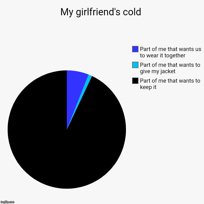 My girlfriend's cold | Part of me that wants to keep it, Part of me that wants to give my jacket, Part of me that wants us to wear it togeth | image tagged in charts,pie charts | made w/ Imgflip chart maker