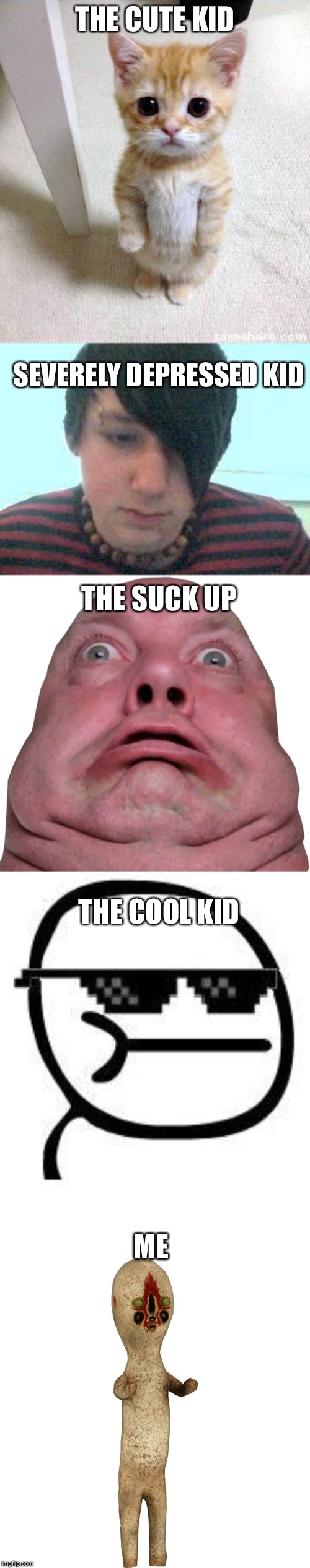 Which one are you? | THE CUTE KID; SEVERELY DEPRESSED KID; THE SUCK UP; THE COOL KID; ME | image tagged in cute cat,deal with it,emo kid,scp 173,fat person being shocked,school stereotypes | made w/ Imgflip meme maker