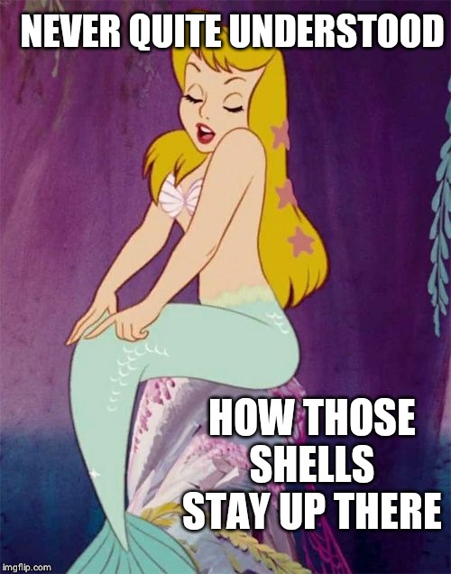 PERKY SHELLS BABE! |  NEVER QUITE UNDERSTOOD; HOW THOSE SHELLS STAY UP THERE | image tagged in mermaid,boobs,disney,memes,peter pan,original meme | made w/ Imgflip meme maker