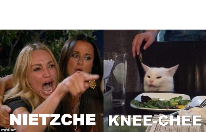 Woman Yelling At Cat Meme | NIETZCHE; KNEE-CHEE | image tagged in memes,woman yelling at a cat | made w/ Imgflip meme maker