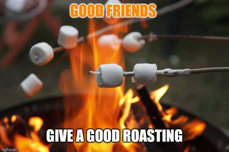 Roasting marshmellows | GOOD FRIENDS GIVE A GOOD ROASTING | image tagged in roasting marshmellows | made w/ Imgflip meme maker