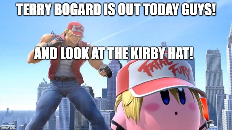 challenger pack 4: out now | TERRY BOGARD IS OUT TODAY GUYS! AND LOOK AT THE KIRBY HAT! | image tagged in super smash bros,dlc,kirby,fatal fury | made w/ Imgflip meme maker