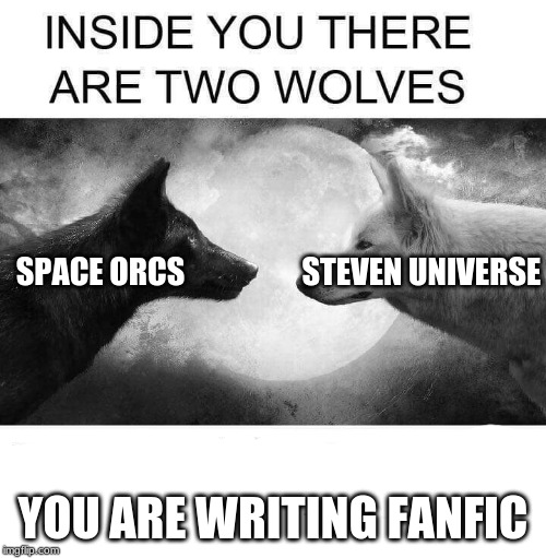 Inside you there are two wolves | SPACE ORCS                   STEVEN UNIVERSE; YOU ARE WRITING FANFIC | image tagged in inside you there are two wolves | made w/ Imgflip meme maker