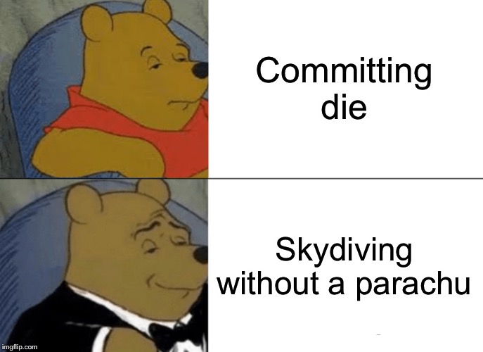 Tuxedo Winnie The Pooh | Committing die; Skydiving without a parachute | image tagged in memes,tuxedo winnie the pooh | made w/ Imgflip meme maker