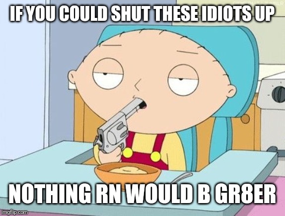 Stewie gun in mouth | IF YOU COULD SHUT THESE IDIOTS UP; NOTHING RN WOULD B GR8ER | image tagged in stewie gun in mouth,memes,dank memes,funny memes | made w/ Imgflip meme maker