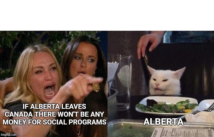 Meanwhile in Canada | ALBERTA; IF ALBERTA LEAVES CANADA THERE WON'T BE ANY MONEY FOR SOCIAL PROGRAMS | image tagged in meanwhile in canada,canada,woman yelling at cat,alberta | made w/ Imgflip meme maker