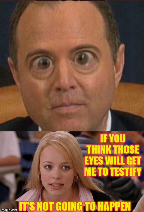 Look Into My Eyes...You Will Testify!!! | IF YOU THINK THOSE EYES WILL GET ME TO TESTIFY; IT'S NOT GOING TO HAPPEN | image tagged in memes,its not going to happen,schiff bug eye,adam schiff,hypnotic,what if i told you | made w/ Imgflip meme maker
