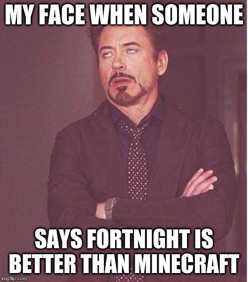 Face You Make Robert Downey Jr Meme | MY FACE WHEN SOMEONE; SAYS FORTNIGHT IS BETTER THAN MINECRAFT | image tagged in memes,face you make robert downey jr | made w/ Imgflip meme maker
