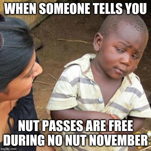 Third World Skeptical Kid Meme | WHEN SOMEONE TELLS YOU; NUT PASSES ARE FREE DURING NO NUT NOVEMBER | image tagged in memes,third world skeptical kid | made w/ Imgflip meme maker