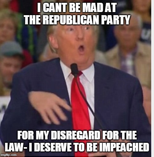 Donald Trump tho | I CANT BE MAD AT THE REPUBLICAN PARTY; FOR MY DISREGARD FOR THE LAW- I DESERVE TO BE IMPEACHED | image tagged in donald trump tho | made w/ Imgflip meme maker