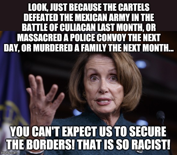 Drug cartels...the #1 thorn in Nancy's side when trying to preach open borders..... | LOOK, JUST BECAUSE THE CARTELS DEFEATED THE MEXICAN ARMY IN THE BATTLE OF CULIACAN LAST MONTH, OR MASSACRED A POLICE CONVOY THE NEXT DAY, OR MURDERED A FAMILY THE NEXT MONTH... YOU CAN'T EXPECT US TO SECURE THE BORDERS! THAT IS SO RACIST! | image tagged in good old nancy pelosi | made w/ Imgflip meme maker
