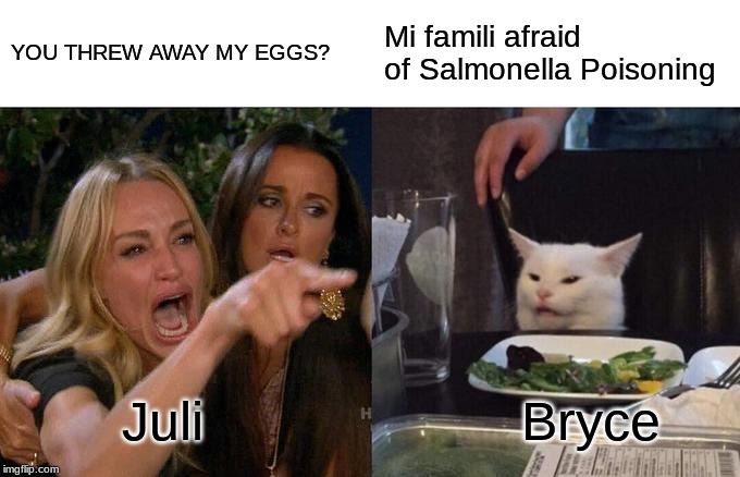 Woman Yelling At Cat Meme | YOU THREW AWAY MY EGGS? Mi famili afraid of Salmonella Poisoning; Juli; Bryce | image tagged in memes,woman yelling at a cat | made w/ Imgflip meme maker