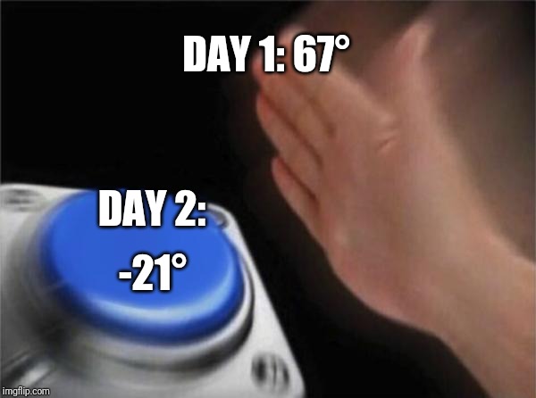 Blank Nut Button | DAY 1: 67°; DAY 2:; -21° | image tagged in memes,blank nut button | made w/ Imgflip meme maker