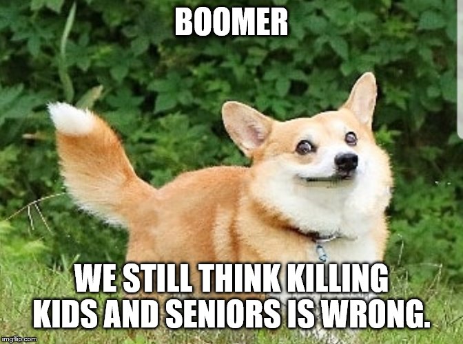 OK Boomer Corgi | BOOMER WE STILL THINK KILLING KIDS AND SENIORS IS WRONG. | image tagged in ok boomer corgi | made w/ Imgflip meme maker