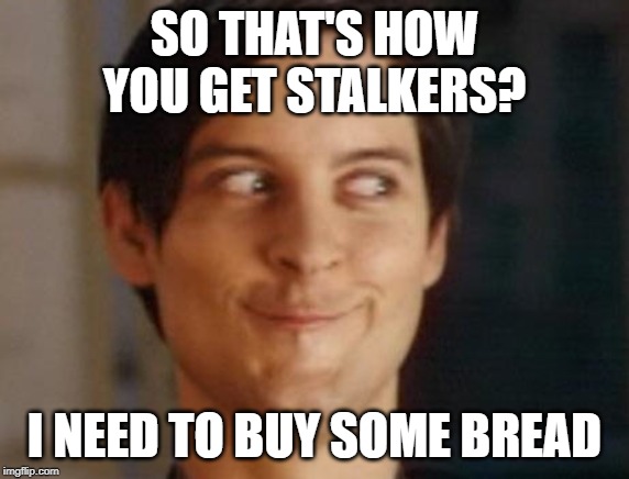 Spiderman Peter Parker Meme | SO THAT'S HOW YOU GET STALKERS? I NEED TO BUY SOME BREAD | image tagged in memes,spiderman peter parker | made w/ Imgflip meme maker