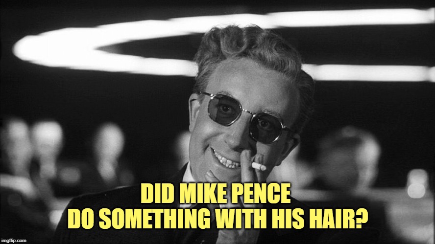 Doctor Strangelove says... | DID MIKE PENCE 
DO SOMETHING WITH HIS HAIR? | image tagged in doctor strangelove says | made w/ Imgflip meme maker