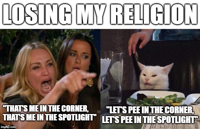Woman Yelling At Cat | LOSING MY RELIGION; "THAT'S ME IN THE CORNER, THAT'S ME IN THE SPOTLIGHT"; "LET'S PEE IN THE CORNER, LET'S PEE IN THE SPOTLIGHT" | image tagged in memes,woman yelling at a cat | made w/ Imgflip meme maker