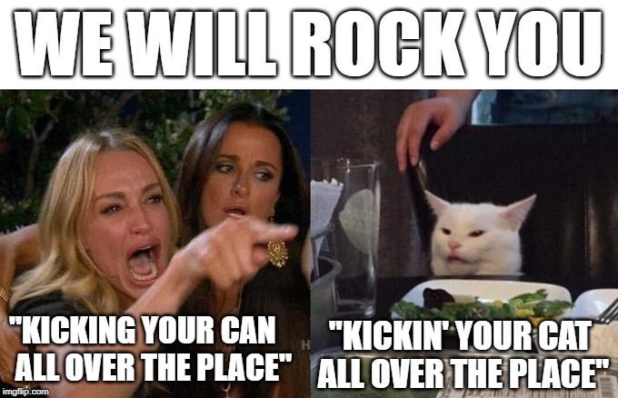 Woman Yelling At Cat | WE WILL ROCK YOU; "KICKING YOUR CAN
 ALL OVER THE PLACE"; "KICKIN' YOUR CAT 
ALL OVER THE PLACE" | image tagged in memes,woman yelling at a cat | made w/ Imgflip meme maker