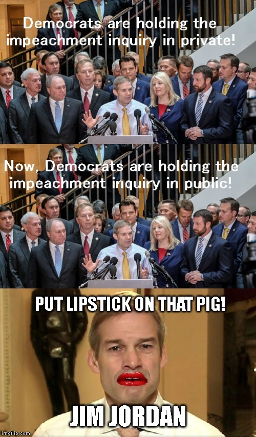 Stupid Corrupt Republicans Show Their Stupidity | PUT LIPSTICK ON THAT PIG! JIM JORDAN | image tagged in impeach trump,jim jordan,lipstick on a pig,liar,trump traitor,trump impeachment | made w/ Imgflip meme maker