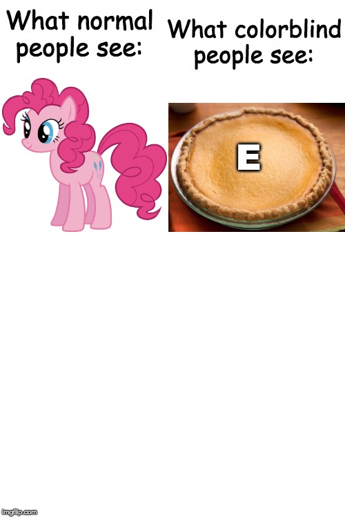 pinkie pie | What colorblind people see:; What normal people see:; E | image tagged in memes,pinkie pie,pie,funny,imgflip,anime | made w/ Imgflip meme maker