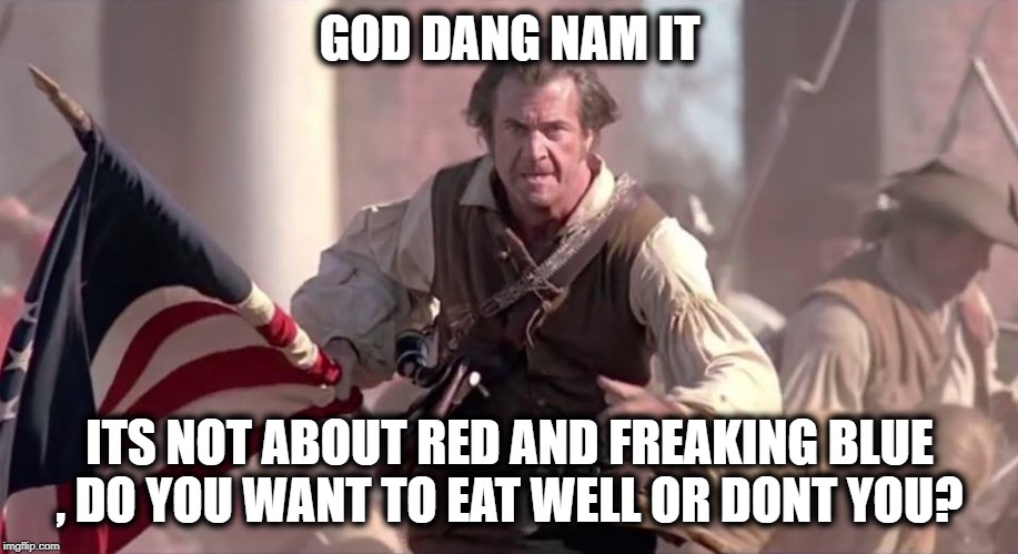 The Patriot | GOD DANG NAM IT ITS NOT ABOUT RED AND FREAKING BLUE



, DO YOU WANT TO EAT WELL OR DONT YOU? | image tagged in the patriot | made w/ Imgflip meme maker