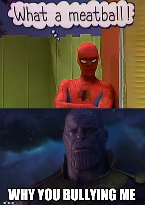 WHY YOU BULLYING ME | image tagged in memes,funny,marvel,thanos,spiderman,bullying | made w/ Imgflip meme maker