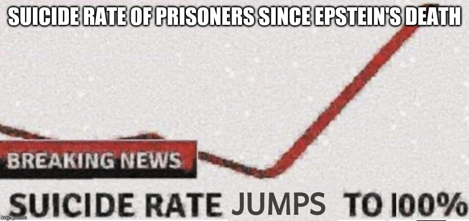 Suicide rate 100% | SUICIDE RATE OF PRISONERS SINCE EPSTEIN'S DEATH | image tagged in suicide rate 100,memes,epstein,funny,prisoners | made w/ Imgflip meme maker
