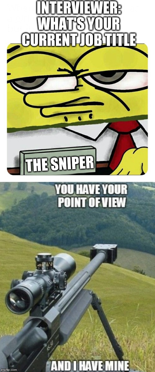 INTERVIEWER: WHAT'S YOUR CURRENT JOB TITLE; THE SNIPER | image tagged in spongebob name tag | made w/ Imgflip meme maker