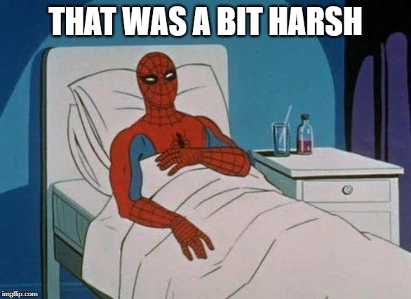 Spiderman Hospital Meme | THAT WAS A BIT HARSH | image tagged in memes,spiderman hospital,spiderman | made w/ Imgflip meme maker