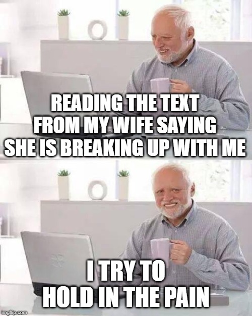 Hide the Pain Harold | READING THE TEXT FROM MY WIFE SAYING SHE IS BREAKING UP WITH ME; I TRY TO HOLD IN THE PAIN | image tagged in memes,hide the pain harold | made w/ Imgflip meme maker