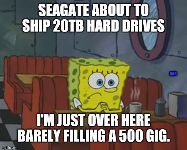 Wowzers | SEAGATE ABOUT TO SHIP 20TB HARD DRIVES; JMR; I'M JUST OVER HERE BARELY FILLING A 500 GIG. | image tagged in spongebob waiting,computers,hard drive | made w/ Imgflip meme maker