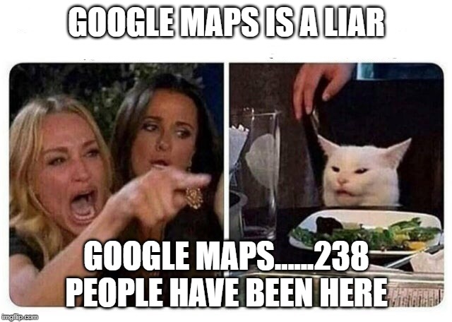 Cat at Dinner | GOOGLE MAPS IS A LIAR; GOOGLE MAPS......238 PEOPLE HAVE BEEN HERE | image tagged in cat at dinner | made w/ Imgflip meme maker