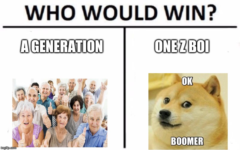Who Would Win? Meme | A GENERATION; ONE Z BOI | image tagged in memes,who would win | made w/ Imgflip meme maker