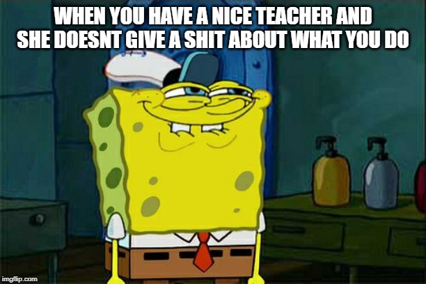 Don't You Squidward Meme | WHEN YOU HAVE A NICE TEACHER AND SHE DOESNT GIVE A SHIT ABOUT WHAT YOU DO | image tagged in memes,dont you squidward | made w/ Imgflip meme maker